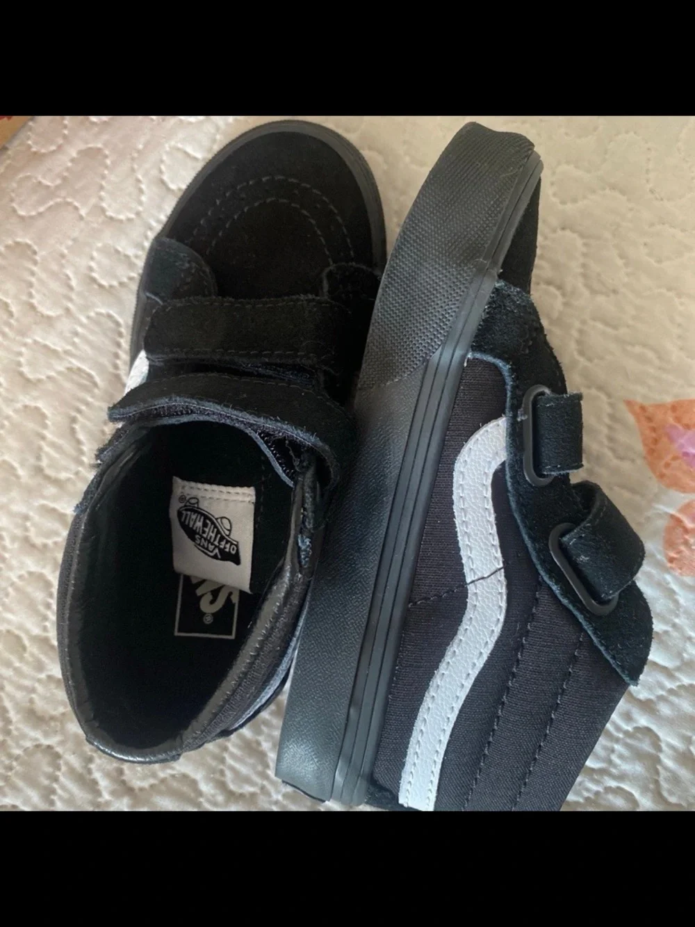 Vans Kids Black High-Top Velcro Sneakers with White Side Stripe